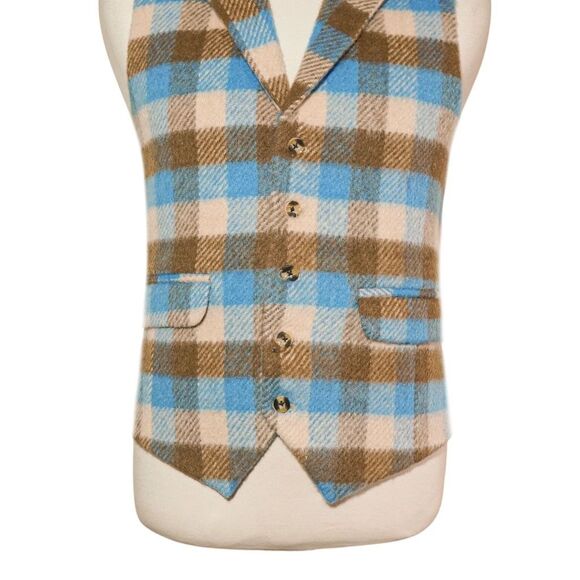 Mens 46R Lambswool Plaid Check Vest Waistcoat Cream Brown Blue Preppy Casual - Picture 4 of 8